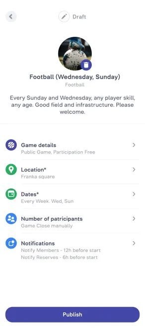 GameOn app screen