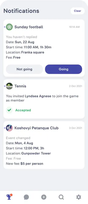 GameOn app screen